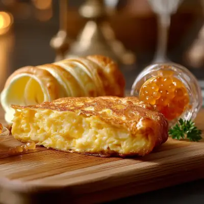 Canutillo de hojaldre, tortilla de patatas y caviar de cebolla