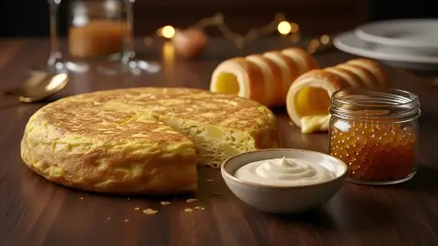 Canutillo de tortilla de patatas, cremoso y caviar de cebolla