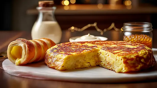 Canutillo de tortilla de patatas, cremoso y caviar de cebolla