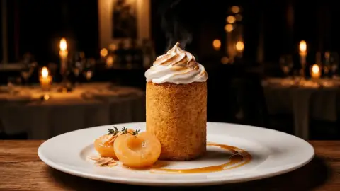 Pastel de albaricoques escabechados, merengue de albaricoque y caramelo especiado