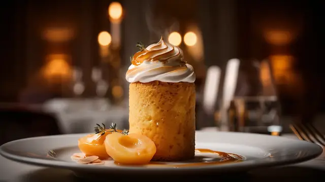 Pastel de albaricoques escabechados, merengue de albaricoque y caramelo especiado