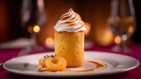 Pastel de albaricoques escabechados, merengue de albaricoque y caramelo especiado