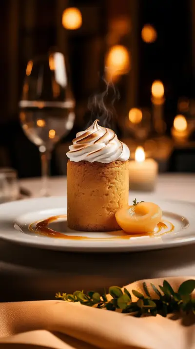 Pastel de albaricoques escabechados, merengue de albaricoque y caramelo especiado, Version Vertical