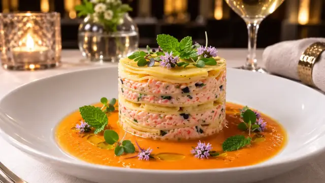 Lasaña cilíndrica de verano con una salsa fría de Tomate, Pepino y Menta