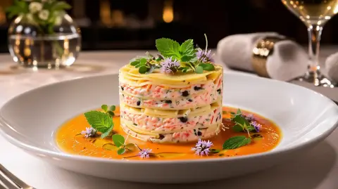 Lasaña cilíndrica de verano con una sopa fría de Tomate, Pepino y Menta
