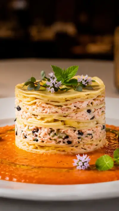 Lasaña cilíndrica de verano con una sopa fría de Tomate, Pepino y Menta. Versión Retrato
