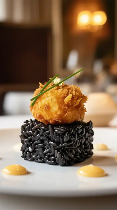 Tapa de arroz negro, esfera de calamar a la romana y allioli. Version Retrato