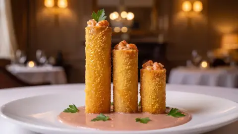 Gambas al Ajillo en Canelón Crujiente | Bechamel de sus Cabezas