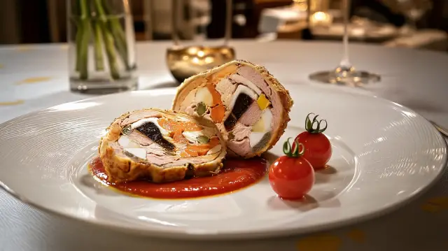 Palpetón de lomo relleno, coulis y Trampantojo de tomate. Receta Michelin