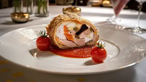 Palpetón de lomo relleno, coulis y Trampantojo de tomate