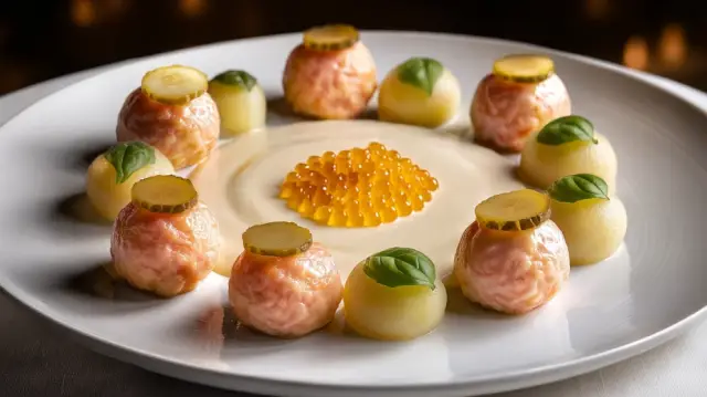 Albóndigas de salmón con patatas, salsa de anchoas y caviar de yema