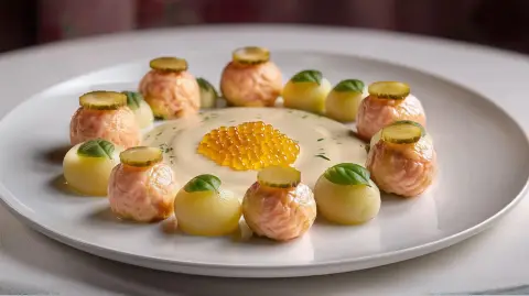 Albóndigas de Salmón Gourmet: Patatas, Anchoas y Caviar de Yema de Huevo