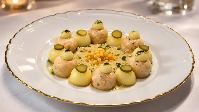 Albóndigas de Salmón con Patatas y Caviar de Yema de huevo – Receta de Chef