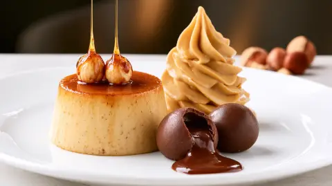 Flan Casero de Avellanas, Crema de Caramelo y Salsa de Pan con Chocolate y Aceite de Oliva
