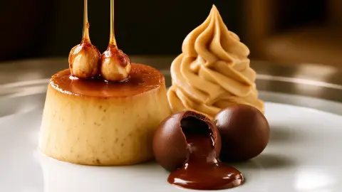 Flan de Avellanas, Crema de Caramelo y Salsa de Pan con Chocolate