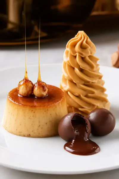 Flan Casero de Avellanas, Crema de Caramelo y Salsa de Chocolate