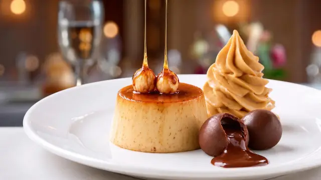 Flan Casero de Avellanas, Crema de Caramelo y Salsa de Pan con Chocolate y Aceite de Oliva