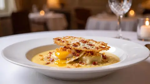 Ravioli de huevo frito con bacon. Teja crujiente y crumble de bacon