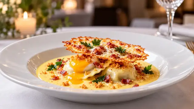 Ravioli de huevos fritos con bacon, crumble y teja crujiente