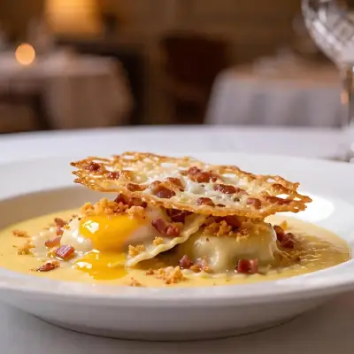 Ravioli de huevo frito con bacon. Teja & crumble de bacon
