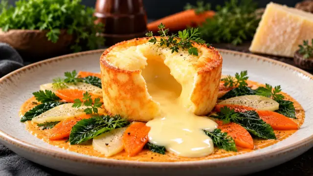 Coulant de Parmesano, Panaché de verduras y Crema de chorizo