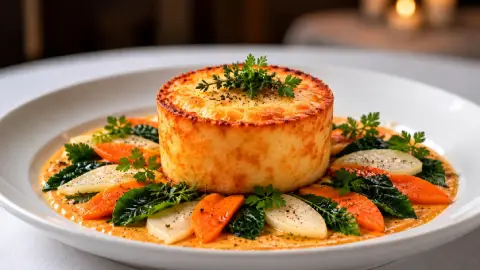 Coulant de Parmesano, Panaché de verduras y Crema de chorizo